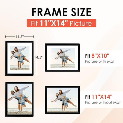 FIXSMITH 11x14 Picture Frame, Black Photo Frame with HD Plexiglass, Display Pictures 8x10 with Mat or 11x14 Without Mat, Picture Frames Collage for Wall Display, 2 Pack