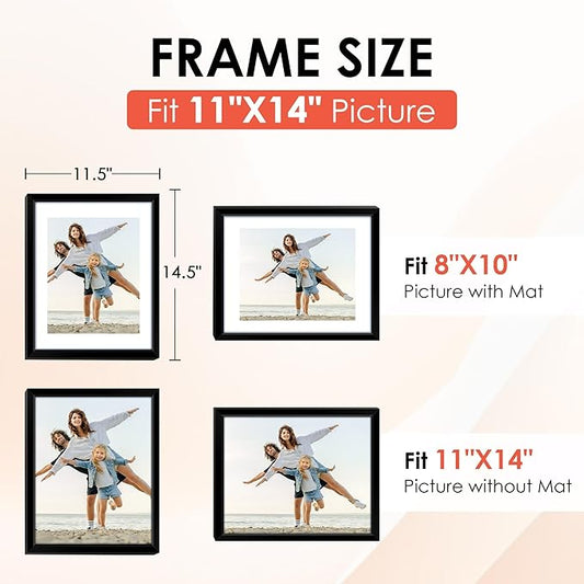 FIXSMITH 11x14 Picture Frame, Black Photo Frame with HD Plexiglass, Display Pictures 8x10 with Mat or 11x14 Without Mat, Picture Frames Collage for Wall Display, 2 Pack