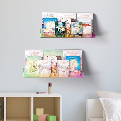 2 Pack Acrylic Shelves for Wall Storage, 15" Floating Shelves, Kids Bookshelf, Nail Polish Holder, Perfume Display Shelf Organizer for Bathroom, Bedroom, Living Room, Iridescent