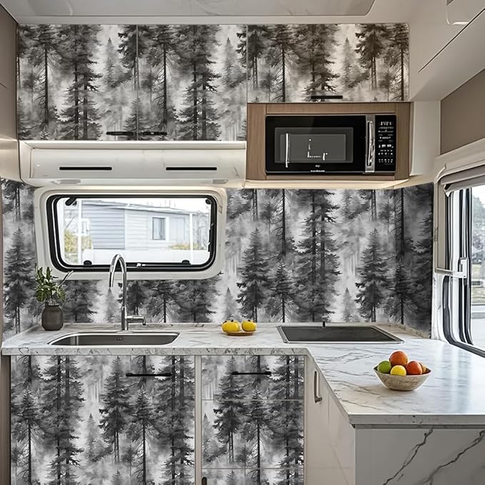 HAOKHOME Forest Peel and Stick Wallpaper Black and White Removable Vinyl Wall Mural for Bathroom Bedroom Accent Wall Self Adhesive Tree Contact Paper 17.3in x 118in