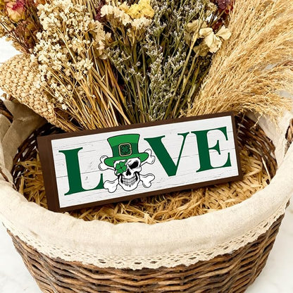 Shamrock Decors, Skeleton Bone Man Decor, Love Wooden Box Signs, Rustic Framed Wooden Box Sign, St. Patrick's Day Themed Decor for Cafe Shop Coffee Bar, 9.5x3.1x1 inches