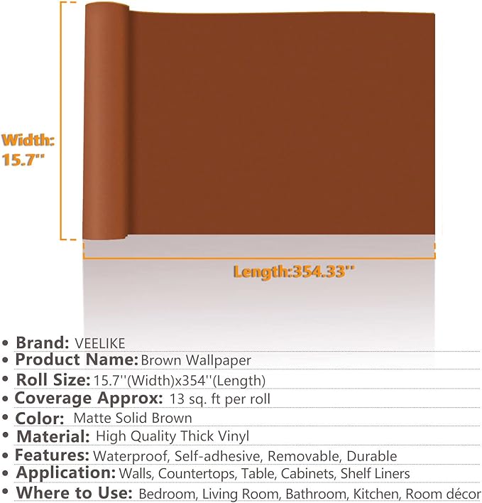 VEELIKE Caramel Brown Wallpaper Stick and Peel Brown Contact Paper for Cabinets Walls Countertops Shelves 15.7''x354'' Self Adhesive Removable Wallpaper for Living Room Bedroom Bathroom Kitchen