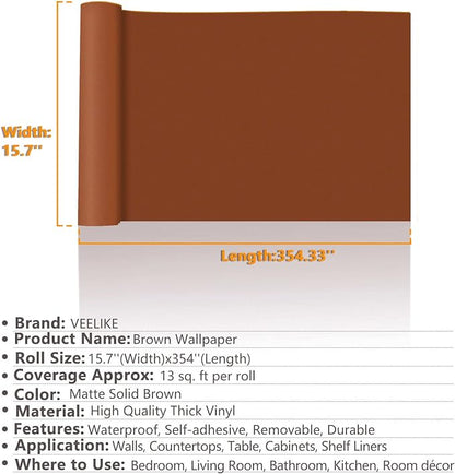 VEELIKE Caramel Brown Wallpaper Stick and Peel Brown Contact Paper for Cabinets Walls Countertops Shelves 15.7''x354'' Self Adhesive Removable Wallpaper for Living Room Bedroom Bathroom Kitchen