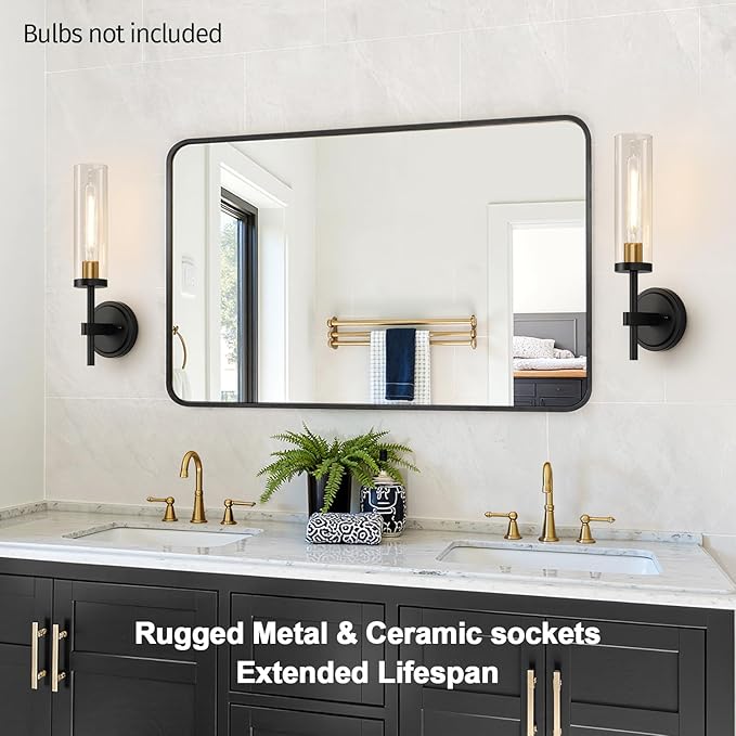 Wall Sconces Set of Two, Black and Gold Bathroom Sconces with Clear Glass, Hardwired Sconces Wall Decor Set of 2, Modern Wall Light Fixtures for Bathroom Mirror Living Room Bedroom Hallway