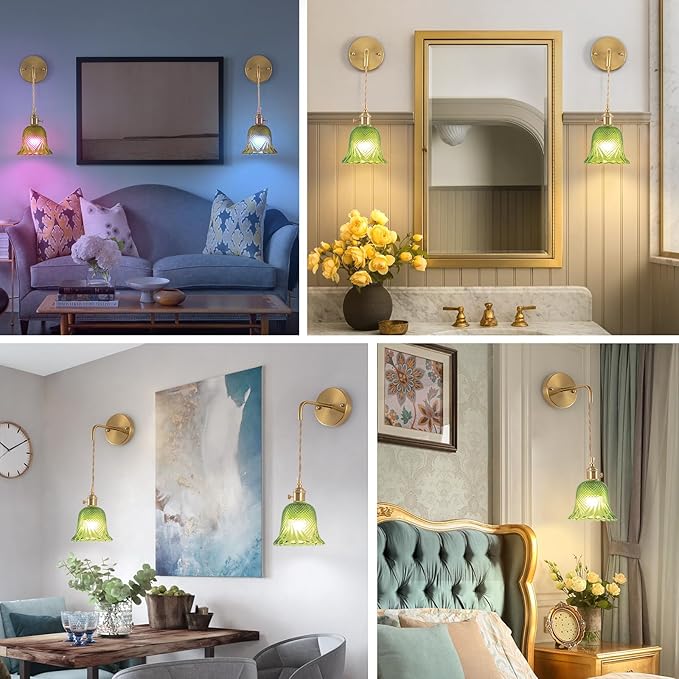 Battery Operated Wall Sconce, Rechargeable Battery Powered Wall Light with Green Glass Lampshade,Wireless Wall sconces with Magnetic RGB Bulbs for Bedroom Living Room Hallway, Wall Decor Set of 2