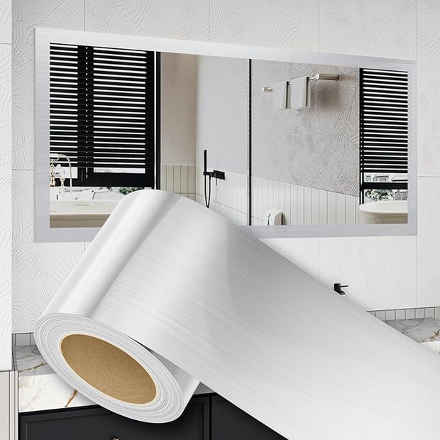 Peel and Stick Wallpaper Borders 390” x 2.36” Self Adhesive Mirror Frame Border Brushed DIY for Kitchen Bathroom Mirror Removal Border Sticker Wall Decor Cover 6.4 Sq.Ft, Brushed Sliver