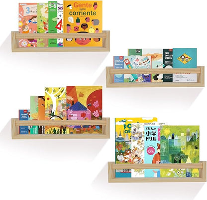 Kids Floating Shelves (Set of 4) - Wall-Mounted Book & Toy Storage, Display Ledges with Front Bar, Unfinished Natural Pine Wood for Nursery, Bedroom & Bathroom Decor (Natural Wood, 16.5")