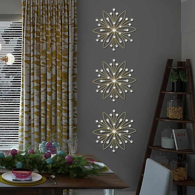 ZEXUIRU 3 Pack Gold Sunburst Wall Decor – Metal Crystal Wall Art with Sparkling Rhinestones, 14’’/18 Inch Starburst Wall Hanging Set for Living Room Bedroom Bathroom – Modern Bling Home Decorations