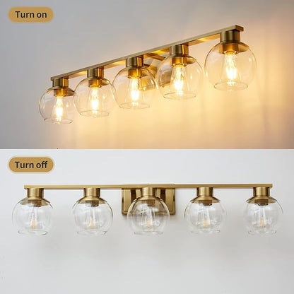 PAZALA Brushed Brass Bathroom Light Fixtures Over Mirror 5-Lights Vanity Light Wall Sconce with Globe Glass Shade E26 Base Perfect for Hallway Picture Wall Lighting Bathroom Bedroom Mirror Living Room