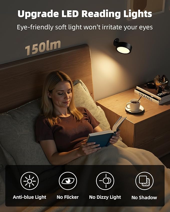 EZVALO LED Wall Mounted Light, 3000mAh Rechargeable Cordless Wall Sconce, Dimmable with Remote & Touch Control, 3 Color Temps, 360° Rotatable for Bedroom, Bedside, Reading (Black, 2 Pack)