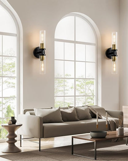 KSRYSZCQ Wall Sconces Set of Two Black and Gold Bathroom Wall Sconce with Clear Glass 15.75" Modern Wall Sconces for Bathroom Living Room Hallway Bedroom Kitchen