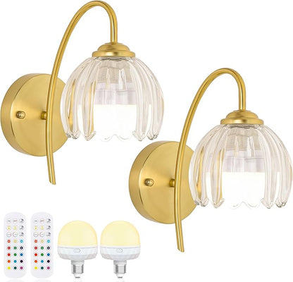 Vintage Battery Wall Sconce with Flower lampshade,Rechargeable Battery Powered Wall Lights,Wall lamp with 15 Colors for Bedroom Living Room Home Decor (Clear Tulip, 2 Light Battery Operated)