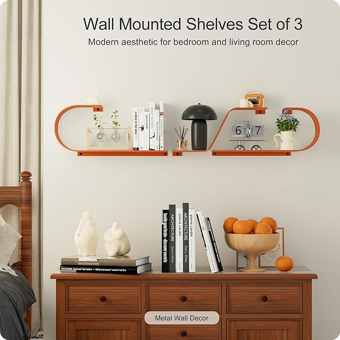 Orange Floating Shelves Set of 3, Orange Metal Decor, Unique Mounted Floating Shelf, Modern Long Wall Shelf, Large Wall Shelves for Bedroom, Bathroom, Living Room