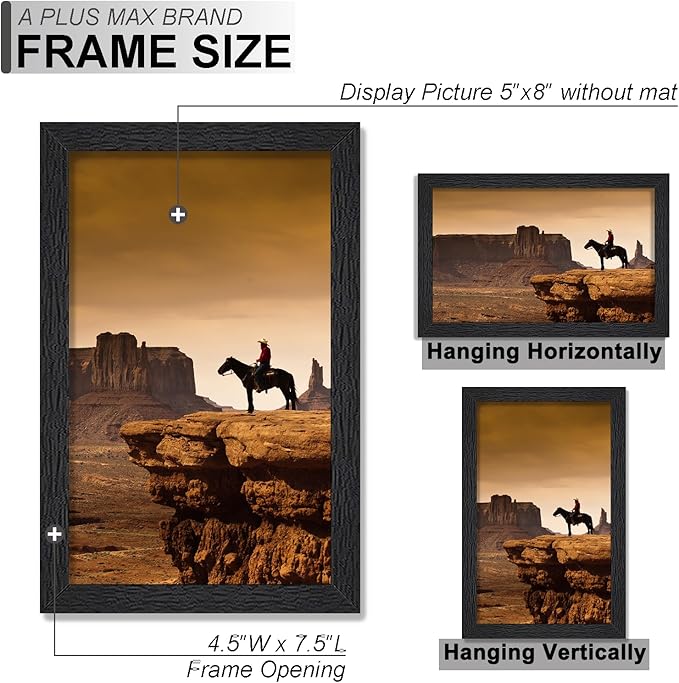 A PLUS MAX 5x8 Picture Frame Set of 2, Black Engineered Wood Frame for 5 x 8 Inch Picture Poster Photo, Light Weight 5 by 8 Frame with Wood-grain for Wall - 2 Pack/Black/5"x8"