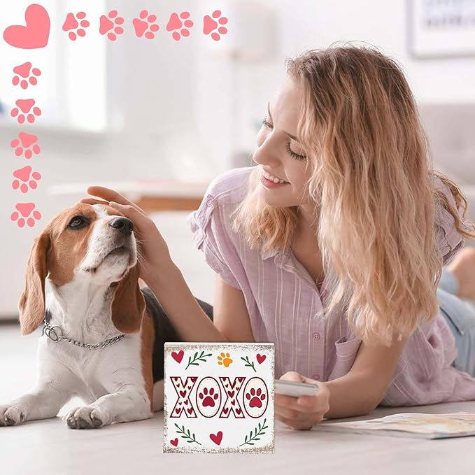 Valentines Cat Dog Desk Decor, Valentine's Day Gifts for Cats Dogs Lover Pet Parent, Valentine Home Office Table Sign Decoration for Shelf Tiered Tray, Xoxo