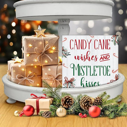 Funny Christmas Decor, Indoor Christmas Decorations, Candy Cane Wishes and Mistletoe Kisses Wooden Sign Rustic Home Shelf Desk Decor 5 x 5 Inches