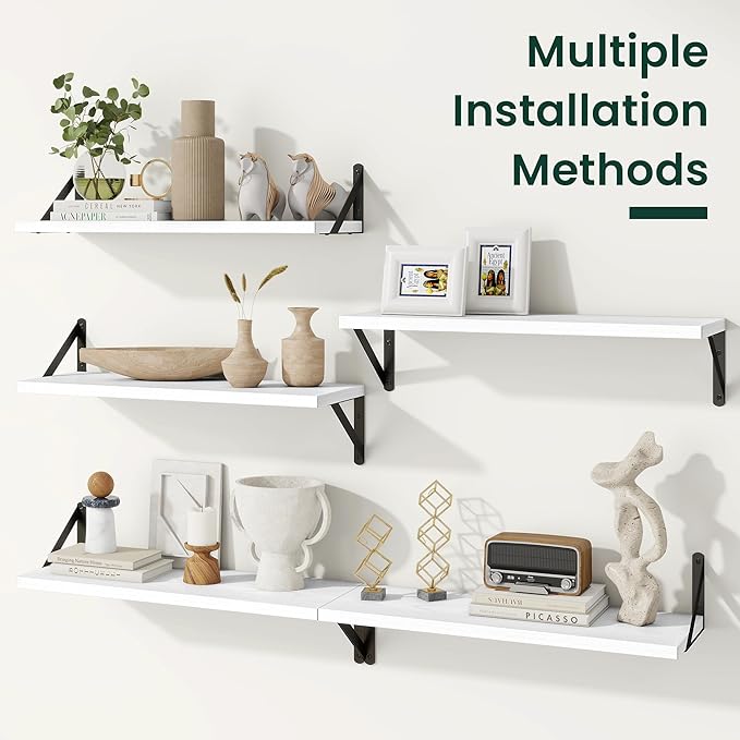 Floating Shelves, 8 Inch Deep Rustic Wood Wall Storage, 48W x 8D Wall Shelves Set of 2, Heavy Duty Metal Brackets, Industrial Book Shelf for Living Room, Kitchen, Bathroom, Bedroom, White