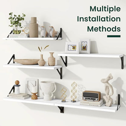 Floating Shelves, 8 Inch Deep Rustic Wood Wall Storage, 48W x 8D Wall Shelves Set of 2, Heavy Duty Metal Brackets, Industrial Book Shelf for Living Room, Kitchen, Bathroom, Bedroom, White