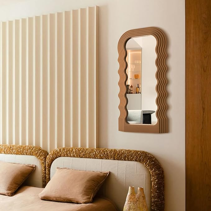 Wavy Wall Mirror for Cozy Home Decor, 14x28 Arched Wall Mounted Mirror with Velvet Touch for Girly Bedroom Decoration, Unique Home Accent for Modern Room Aesthetics (Brown)