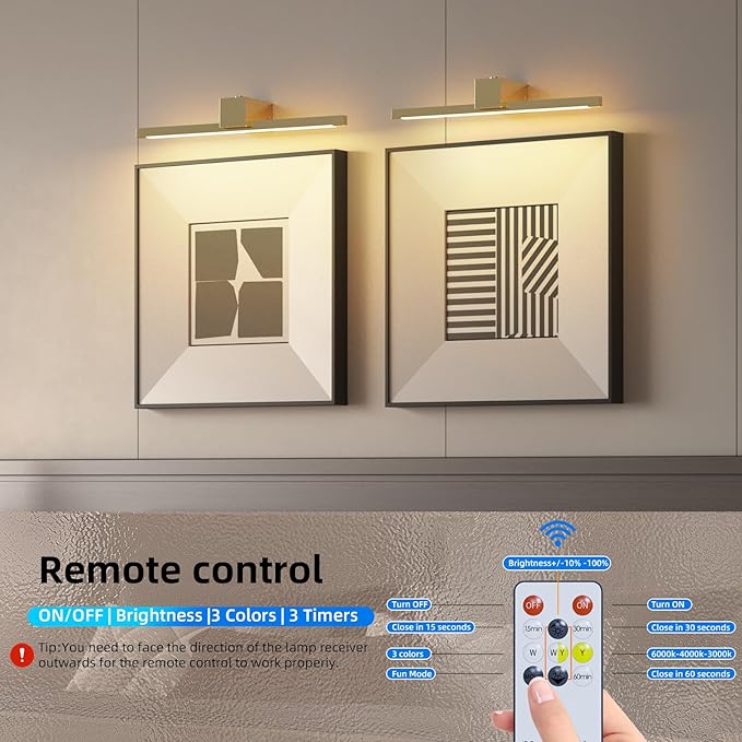 Picture Lights for Wall,Battery Operated Art Light,16in Gallery Light for Paintings,3CCT Dimmable,Metal Finish Recharging Battery Wall Light with Remote Control for Living Room Gallery(Gold)