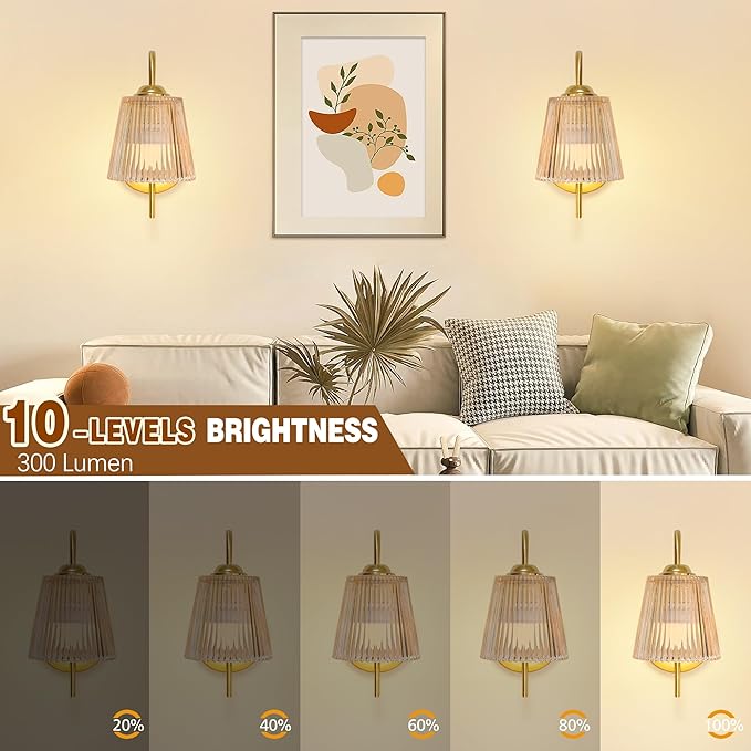 Vintage Battery Wall Sconce with Flower lampshade,Rechargeable Battery Powered Wall Lights,Wall lamp with 15 Colors for Bedroom Living Room Home Decor (Amber Stripe, 2 Light Battery Operated)