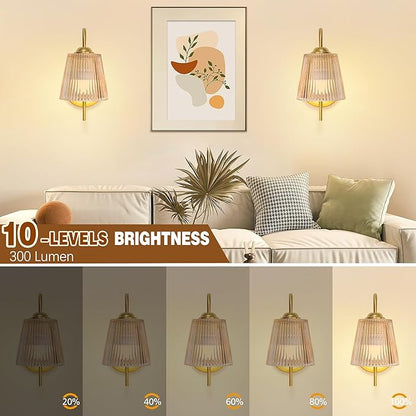 Vintage Battery Wall Sconce with Flower lampshade,Rechargeable Battery Powered Wall Lights,Wall lamp with 15 Colors for Bedroom Living Room Home Decor (Amber Stripe, 2 Light Battery Operated)