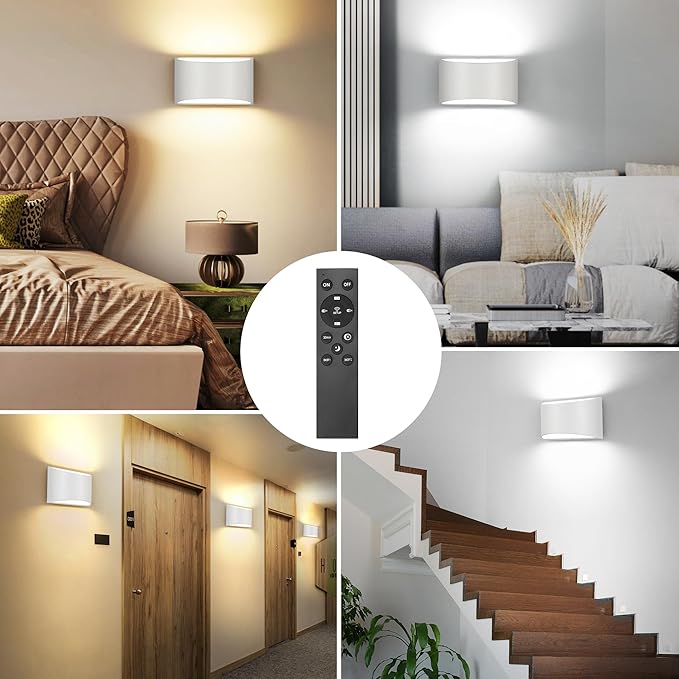 TRLIFE Modern LED Wall Sconces, Remote Control Dimmable and Adjustable Color Temperature 3000K~6000K Aluminum 12W Hardwired 120V AC Dimmable Wall Mounted Light for Bedroom Living Room(White, 2 Pack)