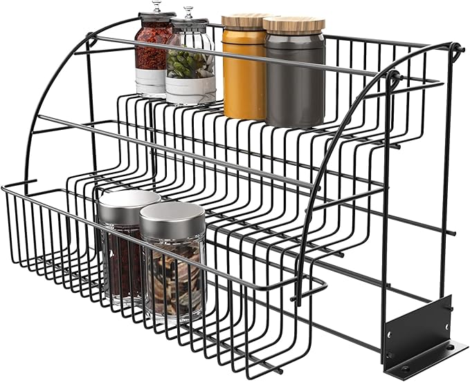 3 Tier Spice Rack Metal Seasoning Storage Shelf Cabinet-mounted Spice Holder Kitchen Storage Organizer Shelf with Guardrail and Mesh Design for Kitchen, Countertop, Dining Room, Black