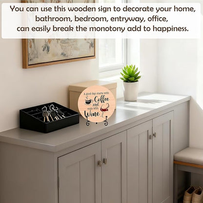 Coffee And Wine Desk Decor Sign, Rustic Funny Wooden Box Plaque, A Good Day Starts With Coffee And Ends With Wine Wood Sign, Decor For Home Kitchen Table Top, Wooden Round With Stand-24