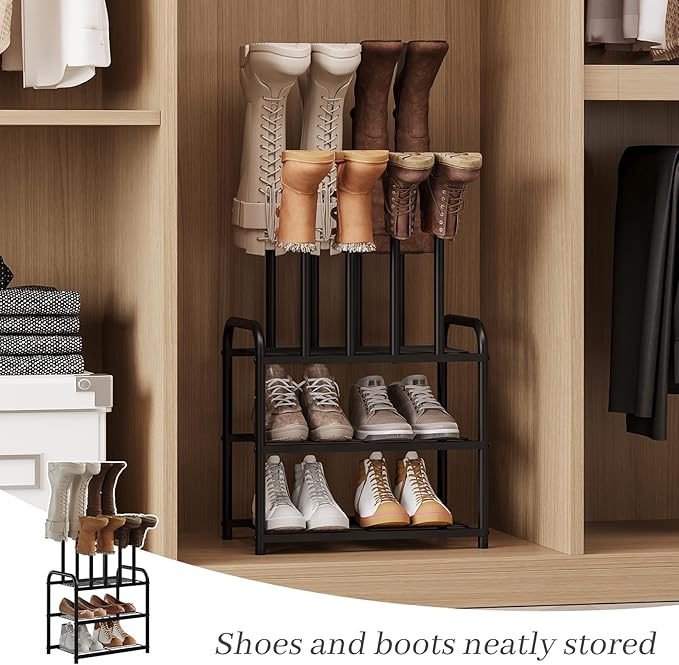 Shoe Rack - 3-Tier Metal Boot Rack Organizer for Entryway, Closet & Garage, Free Standing Shoe Shelf for Storage Tall Boots, Sneakers, Cowboy Boots, Black (Small - 4 Pairs)