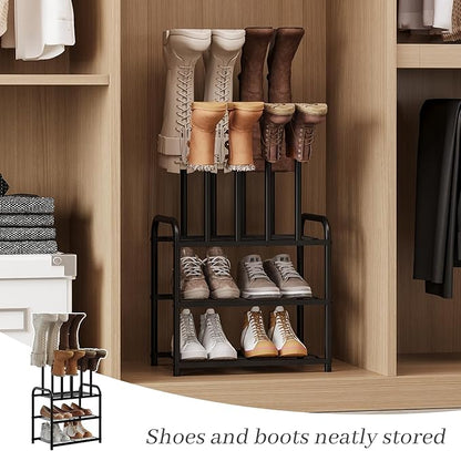 Shoe Rack - 3-Tier Metal Boot Rack Organizer for Entryway, Closet & Garage, Free Standing Shoe Shelf for Storage Tall Boots, Sneakers, Cowboy Boots, Black (Small - 4 Pairs)