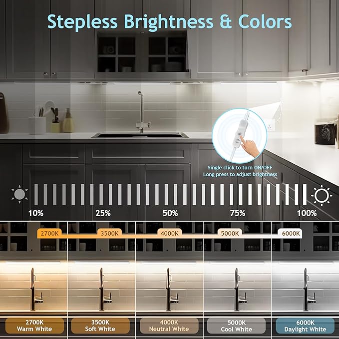 maylit Under Cabinet Lights Plug in, 6 Pcs 12 Inch Multi-Color Under Cabinet Lighting, Super Bright Under Counter Lights for Kitchen, Ultra Thin Dimmable Light for Cabinet, Counter, Workbench, Desk