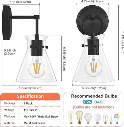 Wall Sconce for Bathroom Modern Vanity Light Fixtures Hardwired Wall Mount Lighting Lamp Farmhouse Wall Lights with 6" Clear Glass Shade for Bedroom Living Room Mirror Kitchen (Black, 1 Pack)