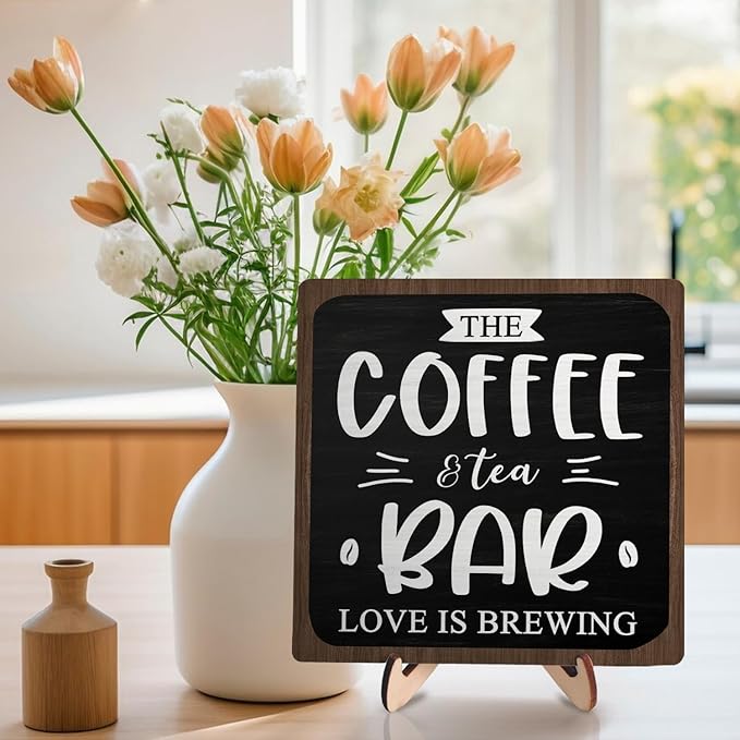 Coffee Bar Decor Sign, Rustic Wooden Plaque for Coffee Lovers, Farmhouse Shelf Accent, Gift for Espresso Fans, Kitchen or Café Desk Display, 5.9 x 5.9Inch(Black+Brown)