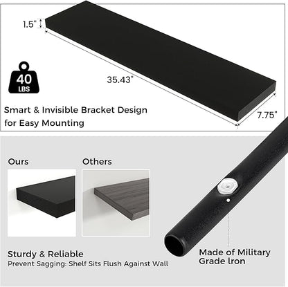 Floating Shelves for Wall 36"W x 7.8"D x 1.5"H, Engineered Wood Wall Shelves with Invisible Brackets for Living Room Bedroom Bathroom Office Kitchen Decor and Storage, Black Finish, Set of 2
