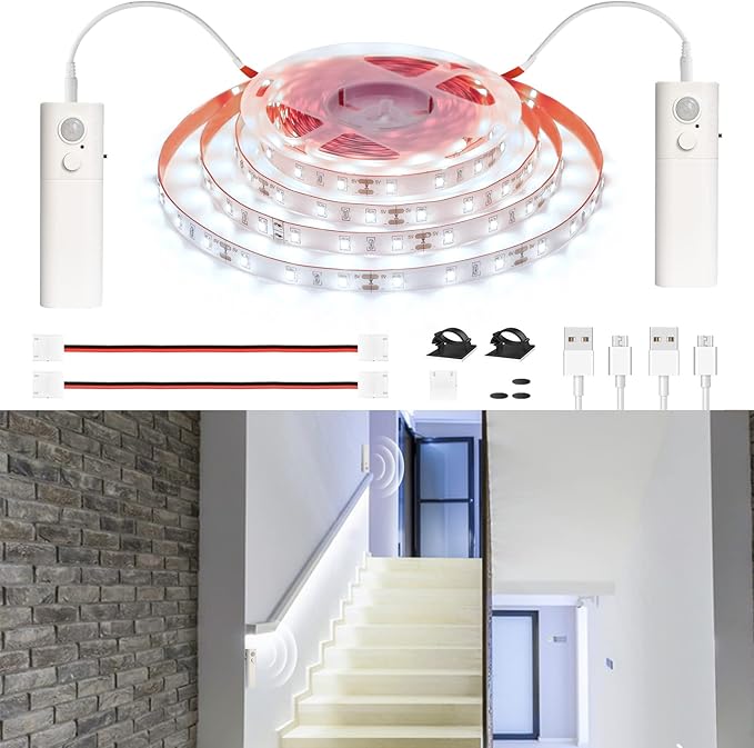 WOBANE Dual Motion Sensor Stair Lights Strip, Rechargeable 16.4ft LED Strip Lighting,150 LEDs Cuttable Tape Light for Hallway,Under Cabinet,Cupboard,Shelves,Gun Safe,Flexible,6000K White