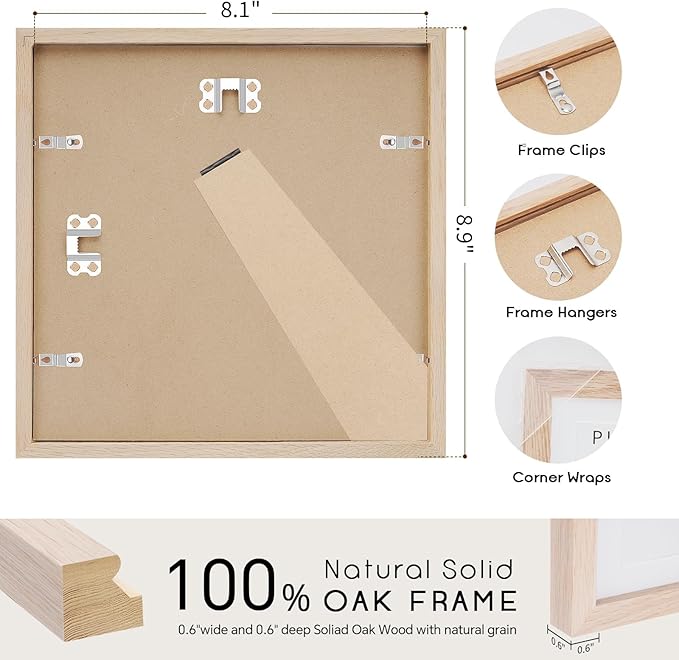 puthiac 8x8 Solid Oak Wood Picture Frame, Fits 4x4 with Mat or 8x8 Without Mat, Wall or Tabletop Display with Stand, Plexi Front, 3 Pack, Natural Oak
