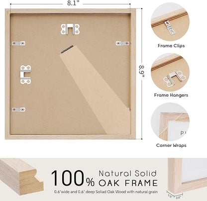 puthiac 8x8 Solid Oak Wood Picture Frame, Fits 4x4 with Mat or 8x8 Without Mat, Wall or Tabletop Display with Stand, Plexi Front, 3 Pack, Natural Oak