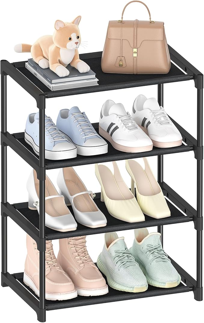4 Tiers Small Shoe Rack,Narrow Stackable Shoe Shelf Organizer,Sturdy Shoe Stand, Non-Woven Fabric Metal Shoe Racks for Entryway, Doorway and Bedroom Closet