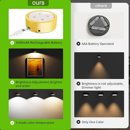 6-Pack Picture Lights for Wall, Rechargeable Battery Operated Wireless Magnetic Painting Lights with Remote Dimmable and Timer, Wall Decor Lights with 3 Lighting Modes for Art Display (Gold)