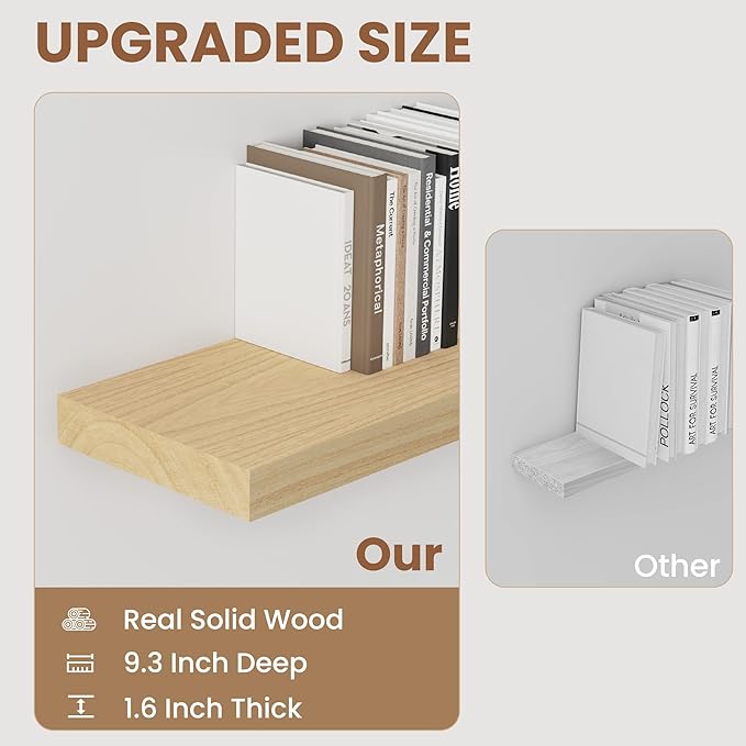 Fun Memories Deep Floating Shelves, Solid Wood Floating Shelves Wall Mounted, 9.3
