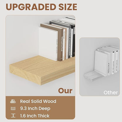 Fun Memories Deep Floating Shelves, Solid Wood Floating Shelves Wall Mounted, 9.3" Deep Wall Shelf for Living Room, Bedroom, 36 x 9 Large Floating Shelf for Books, Burlywood, Set of 2
