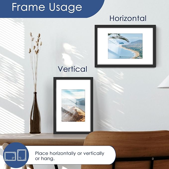 PEALSN 8x12 Picture Frame Set of 6, Display Pictures 6 x 8 with Mat or 8 x 12 without Mat for Wall Mounting or Table Top Display, Photo Frames Collage for Wall Decor, Black