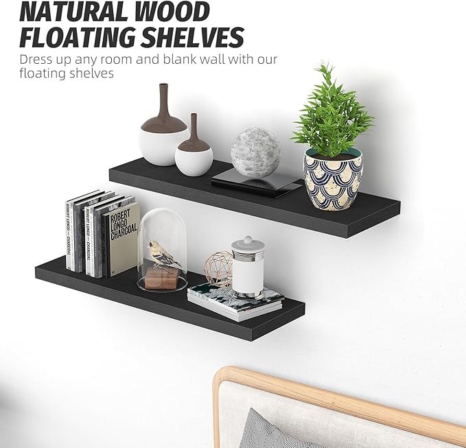 Floating Shelves (Set of 2) – Wall Mounted Shelves for Home Décor and Storage, Natural Pine Wood, Suitable for Living Room and Bedroom (Black, 23.6" x 5.7" x 1.0")
