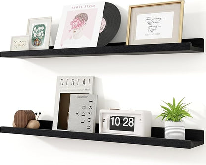 RICHFOCUS Floating Shelves for Wall, 36 inch Solid Wood Picture Ledge Shelf for Wall Storage, Nursery Book Shelves with Lip for Living Room Bathroom Bedroom Kitchen, Set of 2, Distressed Black