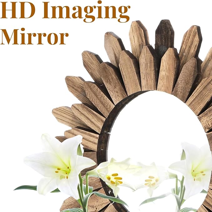 Wall Mirror Decorative, 12 inch Small Rustic Wood Boho Mirrors, Clear Sunburst Mirrors for Home Farmhouse Bedroom Entryway Decor House Warming Gifts New Home, No Distortion