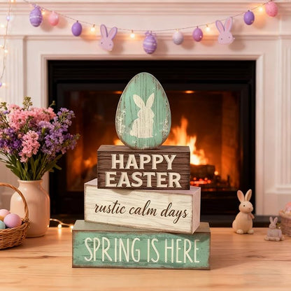 Easter Decorations - Happy Easter Bunny Egg Tiered Tray Decor - Wooden Easter Tabletop Sign - Rustic Farmhouse Spring Home Decor Indoor for Tiered Tray Shelf Mantel Entryway Coffee Table
