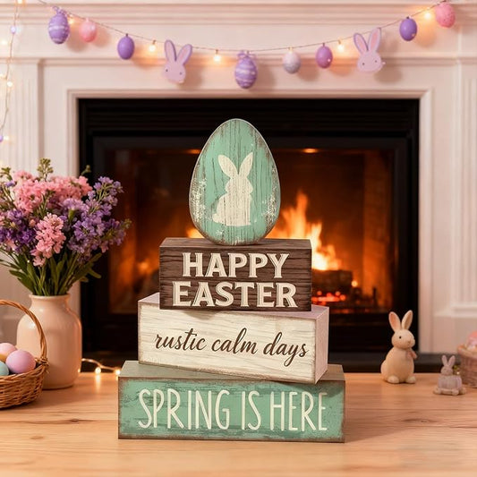 Easter Decorations - Happy Easter Bunny Egg Tiered Tray Decor - Wooden Easter Tabletop Sign - Rustic Farmhouse Spring Home Decor Indoor for Tiered Tray Shelf Mantel Entryway Coffee Table