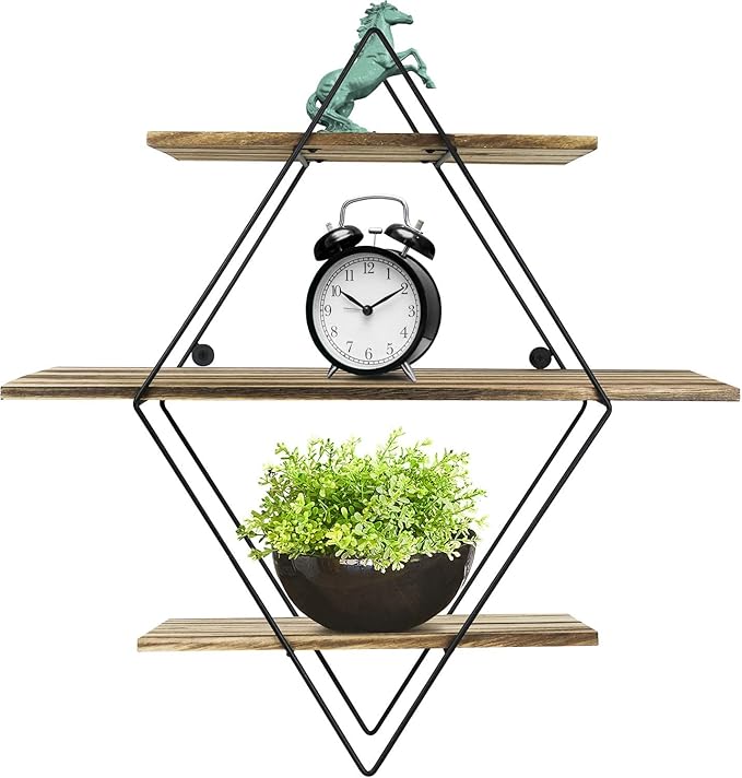 Greenco Geometric Diamond Shaped 3 Tier Mounted Floating Shelves, Rustic Wood Wall Storage Shelves for Bedroom, Living Room, Bathroom, Kitchen, Office, Natural Finish