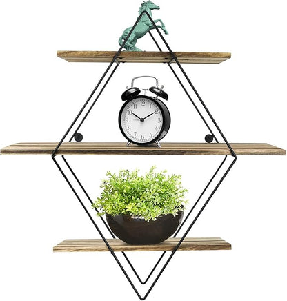 Greenco Geometric Diamond Shaped 3 Tier Mounted Floating Shelves, Rustic Wood Wall Storage Shelves for Bedroom, Living Room, Bathroom, Kitchen, Office, Natural Finish
